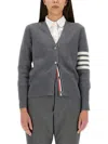 Thom Browne Fitted V-neck Cardigan With Striped Detail In Gray