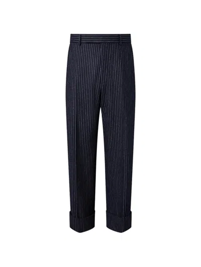 Thom Browne Flannel Chalk Stripe Trousers In Blue