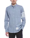 Thom Browne Light Blue Solid Flannel Shirting 4-bar Nametag Straight Fit Shirt In Blue