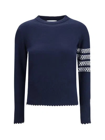 Thom Browne Fleece Wool With Jacquard Sleeve Inlays Sweater In Blue