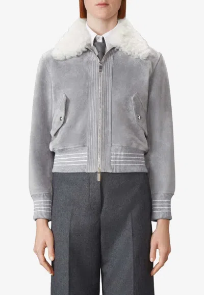 Thom Browne Flight Shearling And Suede Jacket In Gray