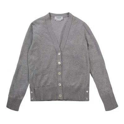 Pre-owned Thom Browne Floated Cable Stitch With Knit In 4 Bar Stripe V Neck Cardigan 'light Grey' | Women's Si In Gray