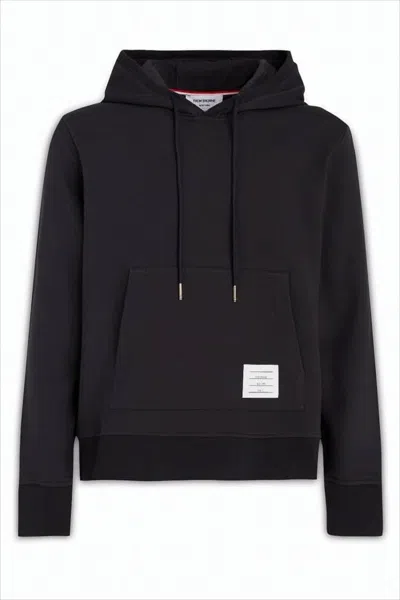 Thom Browne Floral Embroidered Black Hoodie With Drawstring And Kangaroo Pocket In Blue