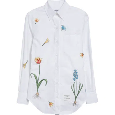 Thom Browne Floral Embroidered Cotton Button-down Shirt In White
