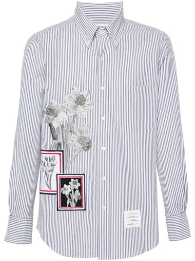 Thom Browne Floral-embroidered Striped Shirt In Blue