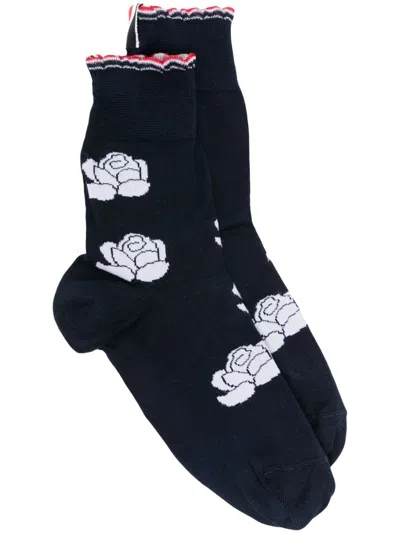 Thom Browne Floral-intarsia Ankle Socks In Black