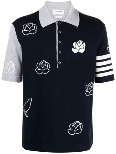 Thom Browne Floral Intarsia-knit Cotton Polo Shirt In Blue