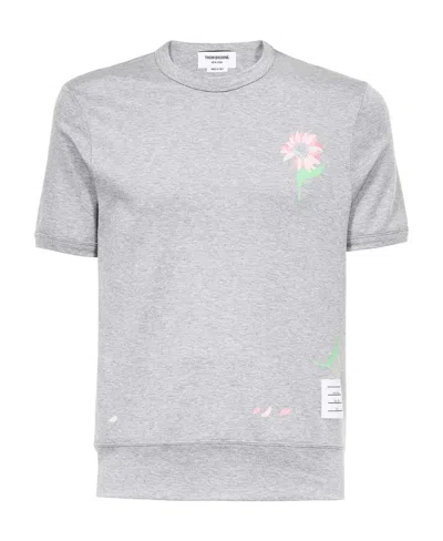 Thom Browne Floral-print Short-sleeved T-shirt In Gray