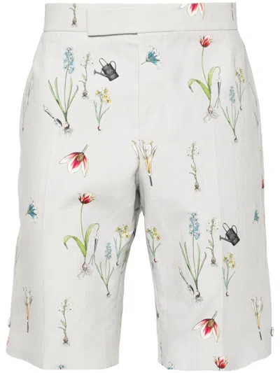 Thom Browne Floral-print Straight-leg Shorts In Grey