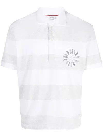 Thom Browne Flower-embroidered Striped Polo Shirt In Grey