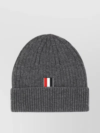 Thom Browne Foldable Ribbed Cashmere Beanie With Embroidered Bands In Grey