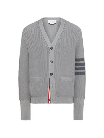 Thom Browne Cotton V Neck Cardigan Tonal Stripe In Gray