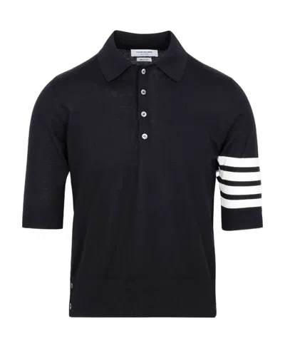 Thom Browne Four-stripe Wool Short-sleeved Polo Shirt In Black