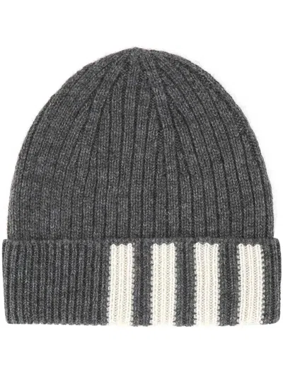 Thom Browne Grey Ribbed Cashmere Beanie In Gray