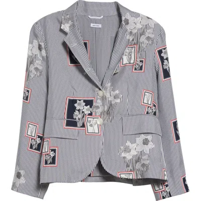 Thom Browne Framed Floral Print Fit 3 High Armhole Silk Twill Sport Coat In Navy