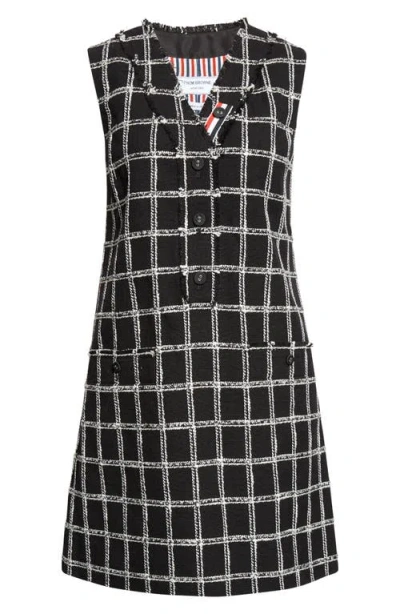 Thom Browne Fray Edge Windowpane Check V-neck Cardigan Dress In Black
