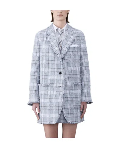 Thom Browne Frayed-check Single-breasted Blazer In Blue