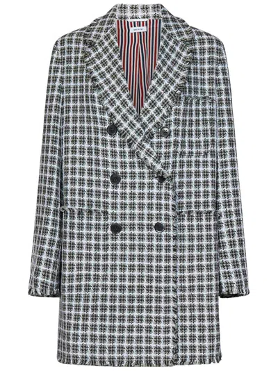 Thom Browne Frayed Edge Checked Coat In Multi