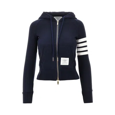 Thom Browne Full-zip Hoodie With 4 Bar Detail In Blue