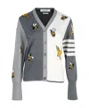 Thom Browne Fun Mix Birds  Bees Half Drop Intarsia V Neck Cardigan In Merino And Cotton W/ 4 Bar In Multi
