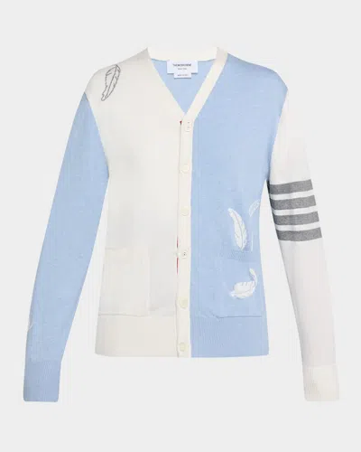 THOM BROWNE FUN MIX FEATHER JERSEY 4-BAR V-NECK CARDIGAN
