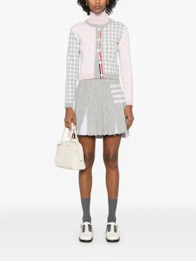 Thom Browne Fun Mix Gingham Check Birds Eye Cardigan In Silver