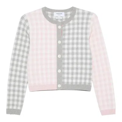 Thom Browne Fun Mix Gingham Check Birds Eye Cardigan In Silver
