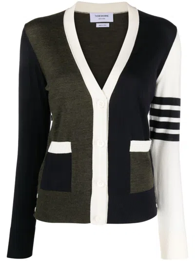 Thom Browne Semi-sheer Panelled Knitted Cardigan In 301 Navy/green/white