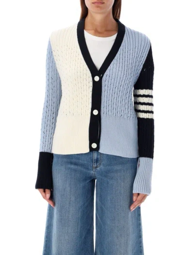 Thom Browne Funmix Pointelle Rib Stitch Boxy Cardigan In Blue