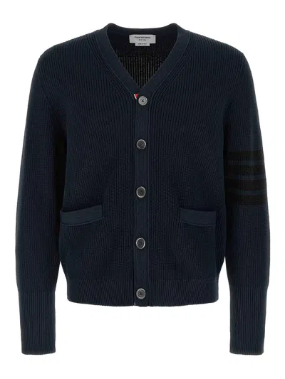 Thom Browne V Neck Ribbed Cardigan Front Pockets In Blue