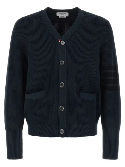 Thom Browne Cotton V-neck With 4-bar Detail Cardigan In Gray