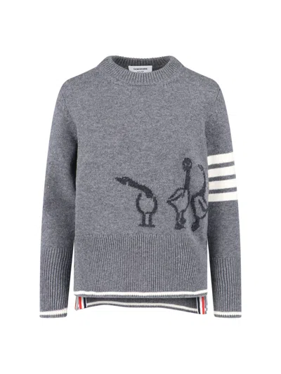 Thom Browne Geese Intarsia Boxy Virgin Wool Crewneck Sweater In Gray