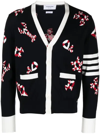Thom Browne Gem Icons Intarsia Cotton Cardigan In 415 Navy