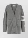 Thom Browne V-neck Cardigan With Button-down Front And Tricolor Detail In Gray