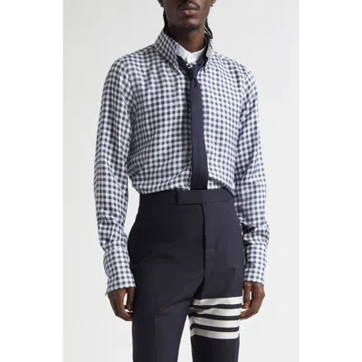 Thom Browne Gingham Straight Fit Convertible Silk Twill Button-down Shirt In Blue
