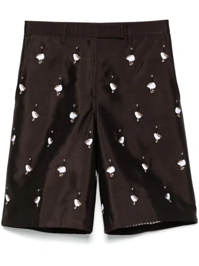 Thom Browne Goose-embroidered Wide-leg Shorts In Brown