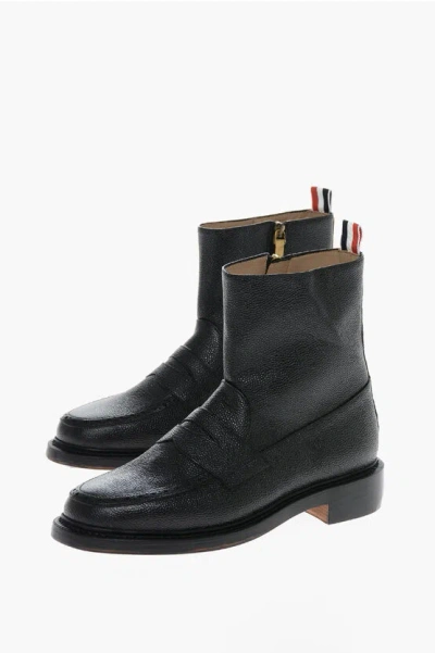 THOM BROWNE GRAINED LEATHER ANKLE BOOTS WITH SIDE ZIP