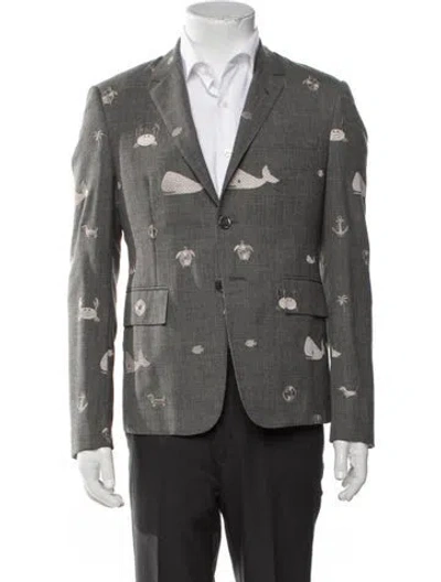 Pre-owned Thom Browne Graphic Print Embroidered Accent Blazer In Grey