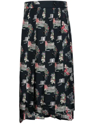 Thom Browne Graphic-print Pleated Skirt In Blue