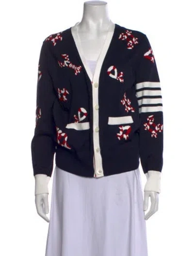 Pre-owned Thom Browne Graphic Print V-neck Sweater In Blue