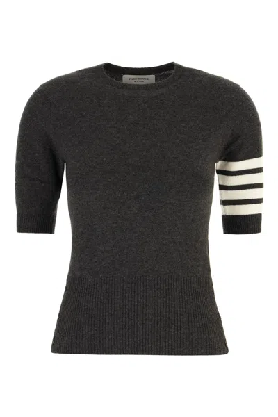 Thom Browne Cashmere Crew Neck Sweater With Striped Sleeve In Gray