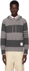 Thom Browne 4-bar Striped Knitted Drawstring Hoodie In 982 Tonal Grey