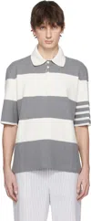 Thom Browne Short-sleeved Polo Shirt With Horizontal Stripes And Classic Collar In 136 Lt Grey/white