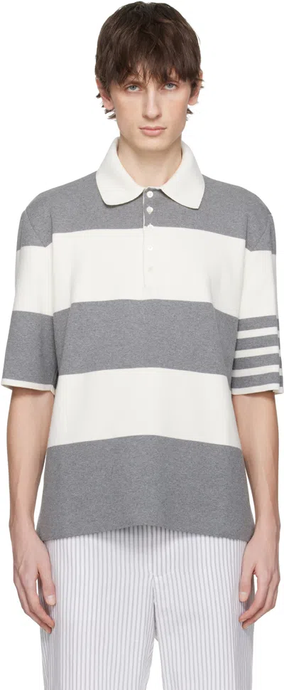 THOM BROWNE GRAY & OFF-WHITE RUGBY STRIPE MILANO STITCH SS POLO