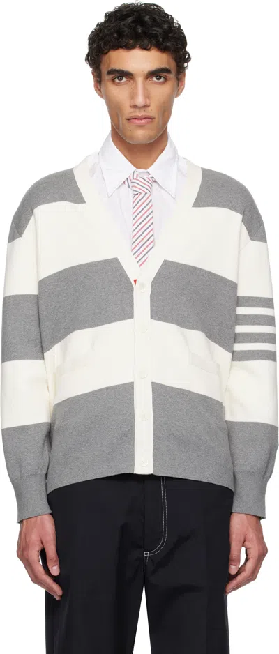 Thom Browne Gray & Off-white Rugby Stripe Milano Stitch V Neck Cardigan In 136 Lt Grey/white