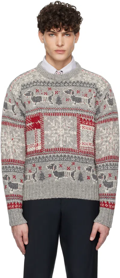 Thom Browne Gray & Red Holiday Hector Mohair Crew Neck Sweater In 055 Lt Grey