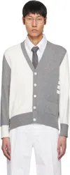 Thom Browne Gray & White Funmix 4-bar Relaxed Fit V-neck Cardigan In 136 Lt Grey/white