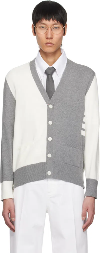 Thom Browne Gray & White Funmix 4-bar Relaxed Fit V-neck Cardigan In Grey
