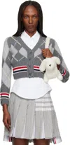 Thom Browne Argyle Intarsia Shrunken Virgin Wool Blend Cardigan In Gray