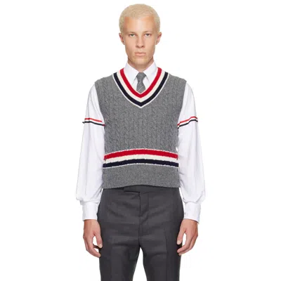 Thom Browne Gray Baby Cable V-neck Cricket Rwb Vest In Red